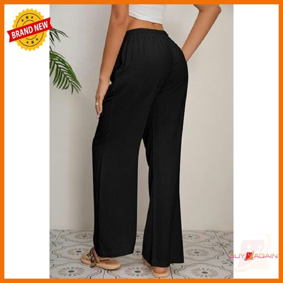 Cotton Linen Palazzo Pants Wide Leg Elastic Waist Drawstring Casual Lounge - Picture 3 of 7